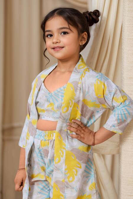 Buy_Samyukta Singhania_Yellow Muslin Floral Printed Shrug And Shorts Set_Online_at_Aza_Fashions