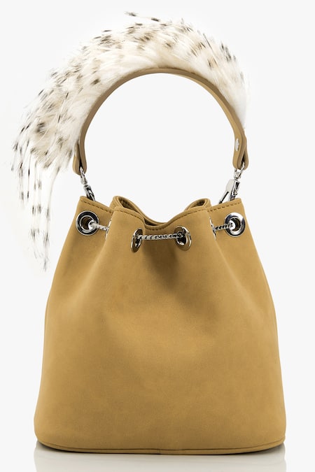 Shop Outhouse Brown Crystals, Feathers Faux Suede Brooch Bucket Bag at Aza Fashions Shop_Outhouse_Brown Crystals, Feathers Faux Suede Brooch Bucket Bag_at_Aza_Fashions