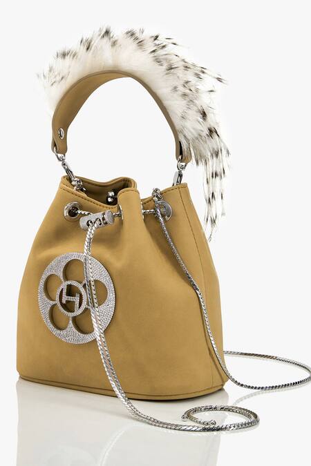 Outhouse Brown Crystals, Feathers Faux Suede Brooch Bucket Bag Online at Aza Fashions Outhouse_Brown Crystals, Feathers Faux Suede Brooch Bucket Bag_Online_at_Aza_Fashions