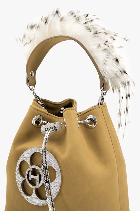 Buy Outhouse Brown Crystals, Feathers Faux Suede Brooch Bucket Bag Online at Aza Fashions Buy_Outhouse_Brown Crystals, Feathers Faux Suede Brooch Bucket Bag_Online_at_Aza_Fashions