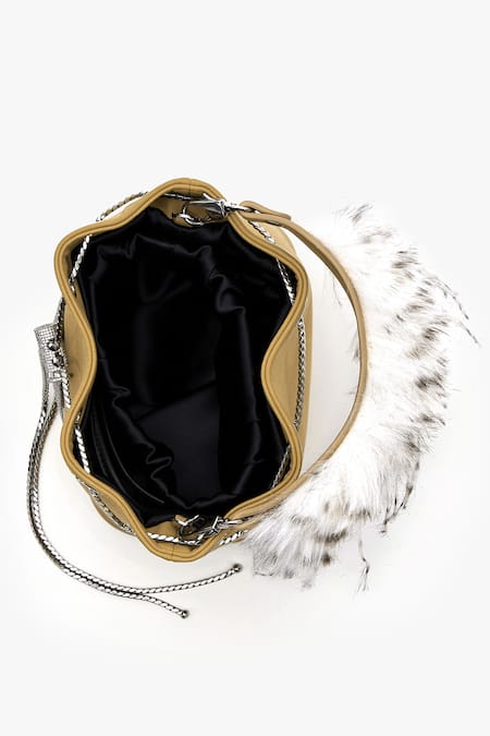 Shop Outhouse Brown Crystals, Feathers Faux Suede Brooch Bucket Bag Online at Aza Fashions Shop_Outhouse_Brown Crystals, Feathers Faux Suede Brooch Bucket Bag_Online_at_Aza_Fashions