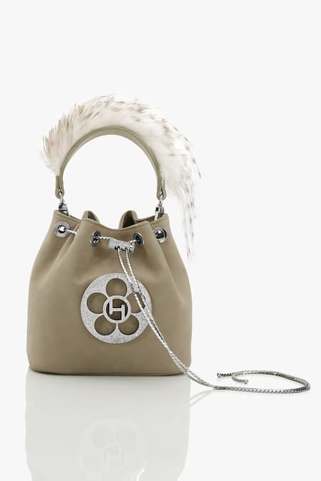 Outhouse Grey Faux Suede Crystal Bucket Bag 