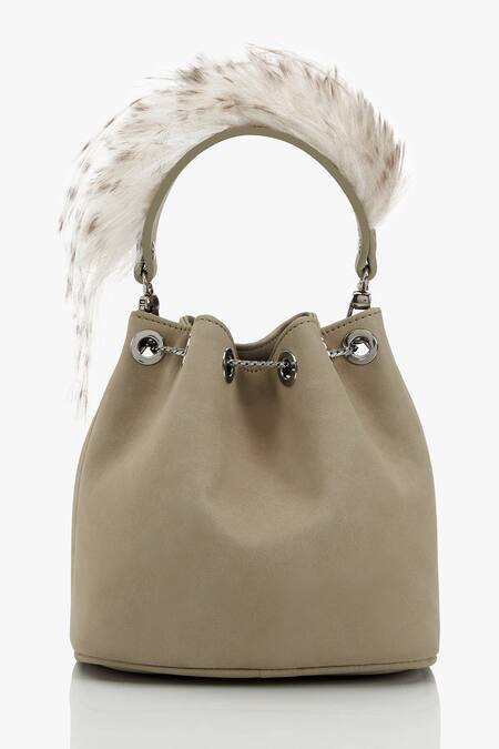 Shop Outhouse Gray Crystals, Feathers Grey Faux Suede Bucket Bag at Aza Fashions Shop_Outhouse_Gray Crystals, Feathers Grey Faux Suede Bucket Bag_at_Aza_Fashions