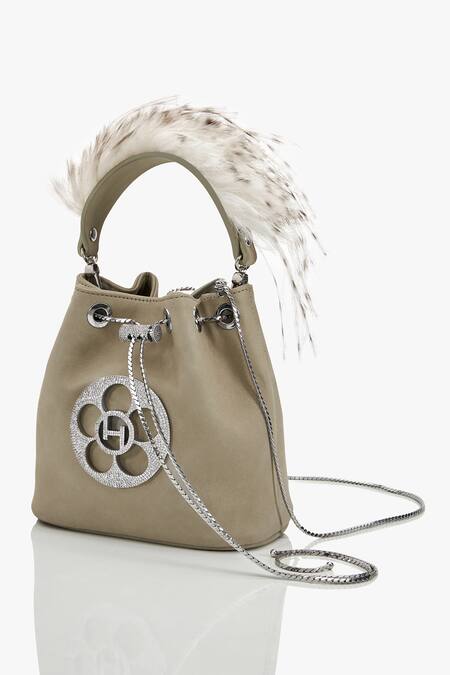 Outhouse Gray Crystals, Feathers Grey Faux Suede Bucket Bag Online at Aza Fashions Outhouse_Gray Crystals, Feathers Grey Faux Suede Bucket Bag_Online_at_Aza_Fashions