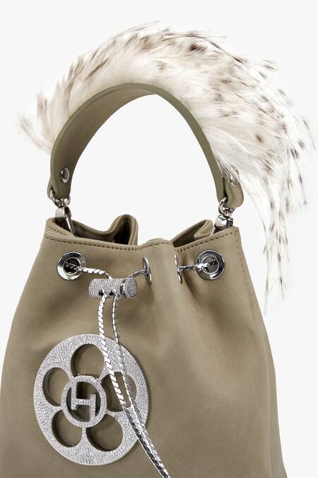 Buy Outhouse Gray Crystals, Feathers Grey Faux Suede Bucket Bag Online at Aza Fashions Buy_Outhouse_Gray Crystals, Feathers Grey Faux Suede Bucket Bag_Online_at_Aza_Fashions