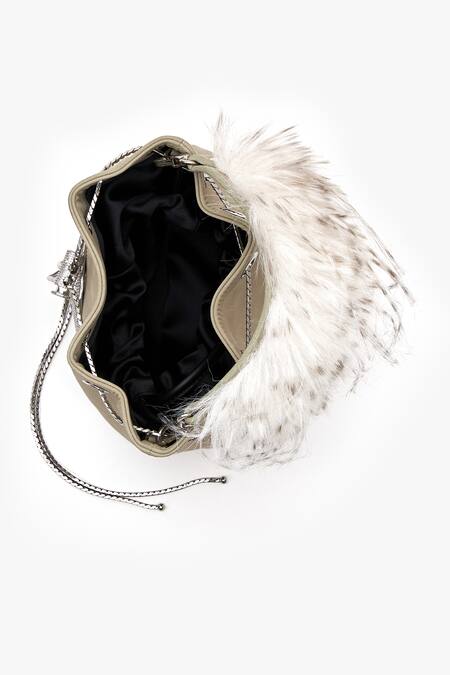 Shop Outhouse Gray Crystals, Feathers Grey Faux Suede Bucket Bag Online at Aza Fashions Shop_Outhouse_Gray Crystals, Feathers Grey Faux Suede Bucket Bag_Online_at_Aza_Fashions