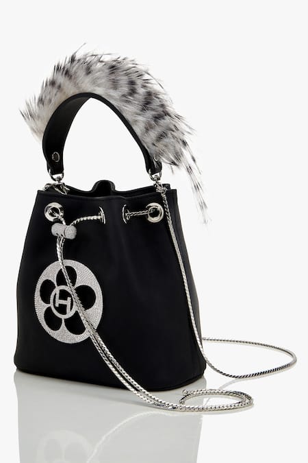 Shop_Outhouse_Black Crystals, Feathers Faux Suede Bucket Bag _at_Aza_Fashions
