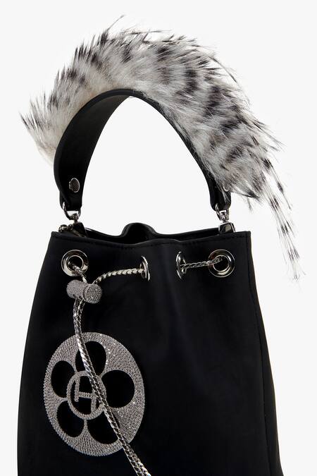 Outhouse_Black Crystals, Feathers Faux Suede Bucket Bag _Online_at_Aza_Fashions