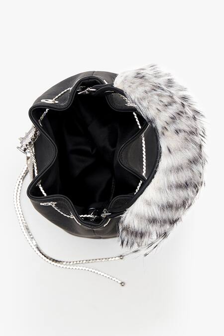 Buy_Outhouse_Black Crystals, Feathers Faux Suede Bucket Bag _Online_at_Aza_Fashions