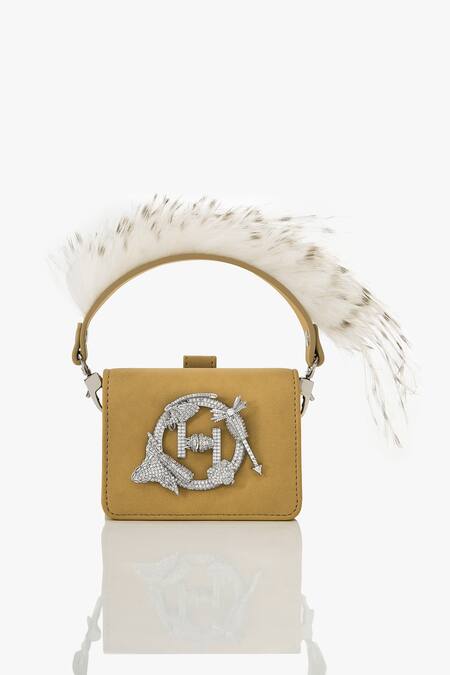 Outhouse Brown Crystals, Feathers Suede Handle Bag Online at Aza Fashions Outhouse_Brown Crystals, Feathers Suede Handle Bag _Online_at_Aza_Fashions
