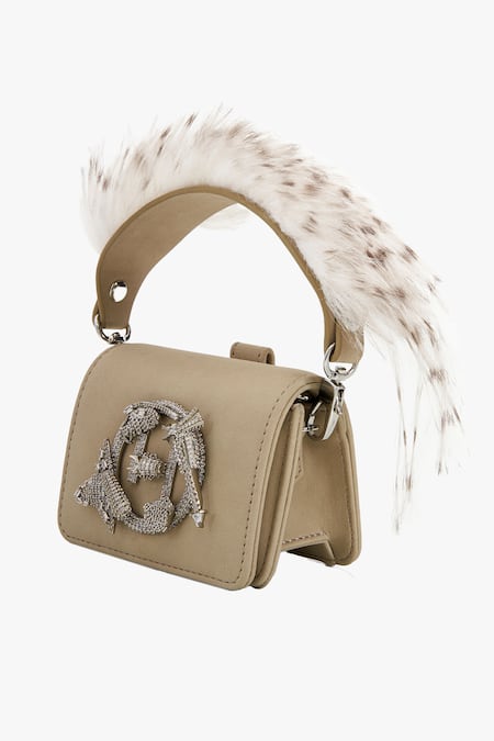 Buy_Outhouse_Gray Crystals, Feathers Grey Faux Suede Nano Bucket Bag _Online_at_Aza_Fashions