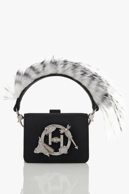 Outhouse_Black Crystals, Feathers Faux Suede Nano Bucket Bag _Online_at_Aza_Fashions