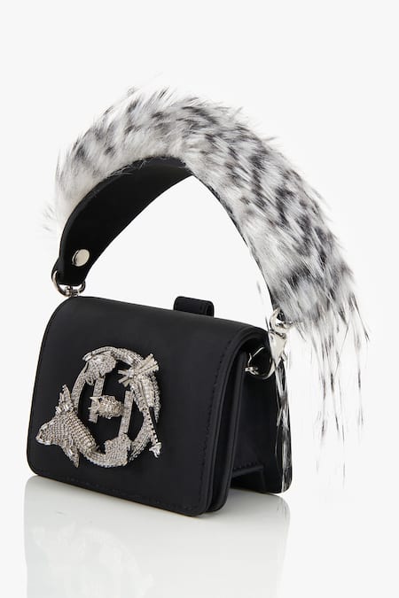Buy_Outhouse_Black Crystals, Feathers Faux Suede Nano Bucket Bag _Online_at_Aza_Fashions