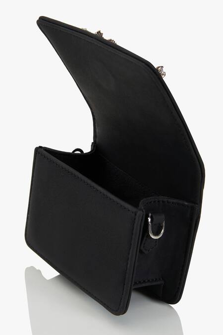 Shop_Outhouse_Black Crystals, Feathers Faux Suede Nano Bucket Bag _Online_at_Aza_Fashions