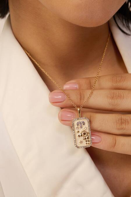 Dusala_Gold Plated Aquarius Zodiac Carved Pendant Necklace _Online_at_Aza_Fashions