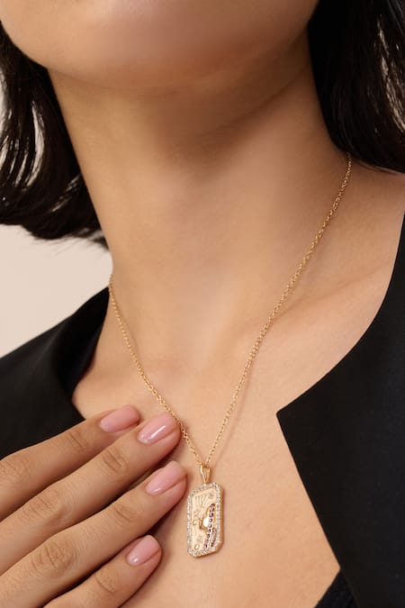Shop Dusala Gold Plated Virgo Zodiac Carved Pendant Necklace at Aza Fashions Shop_Dusala_Gold Plated Virgo Zodiac Carved Pendant Necklace _at_Aza_Fashions
