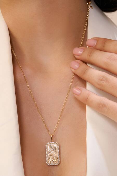 Dusala_Gold Plated Capricorn Zodiac Carved Pendant Necklace _Online_at_Aza_Fashions