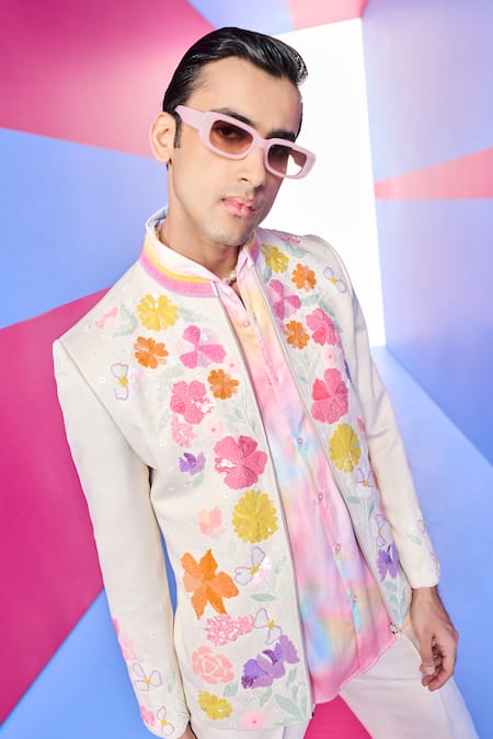 Kora By Nilesh Mitesh_Cream Handloom , Silk, Beads, Floral Applique Jacket And Pant Set_Online_at_Aza_Fashions