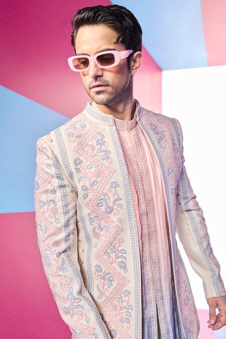 Kora By Nilesh Mitesh_Cream Muslin Embroidery Floral Thread Jacket And Kurta Set_Online_at_Aza_Fashions