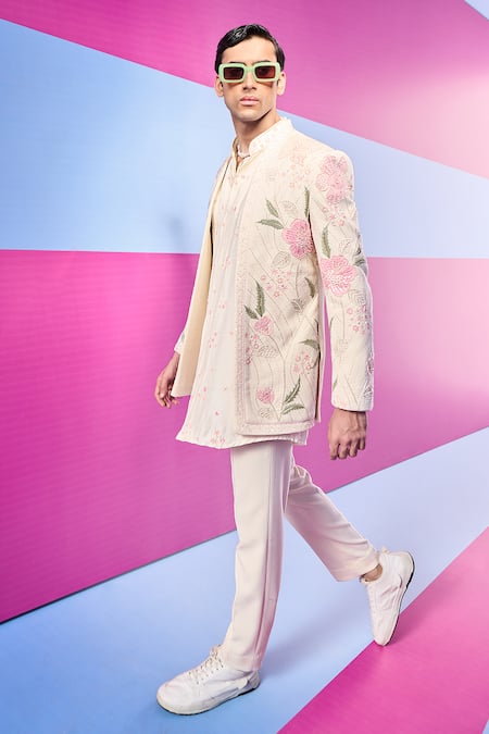 Shop Kora By Nilesh Mitesh Cream Handloom Cotton, Silk Beads, Embroidery Floral Jacket And Kurta Set at Aza Fashions Shop_Kora By Nilesh Mitesh_Cream Handloom Cotton, Silk Beads, Embroidery Floral Jacket And Kurta Set_at_Aza_Fashions