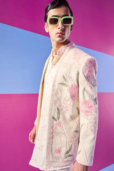 Kora By Nilesh Mitesh Cream Handloom Cotton, Silk Beads, Embroidery Floral Jacket And Kurta Set Online at Aza Fashions Kora By Nilesh Mitesh_Cream Handloom Cotton, Silk Beads, Embroidery Floral Jacket And Kurta Set_Online_at_Aza_Fashions
