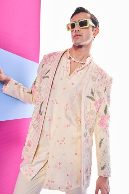 Buy Kora By Nilesh Mitesh Cream Handloom Cotton, Silk Beads, Embroidery Floral Jacket And Kurta Set Online at Aza Fashions Buy_Kora By Nilesh Mitesh_Cream Handloom Cotton, Silk Beads, Embroidery Floral Jacket And Kurta Set_Online_at_Aza_Fashions