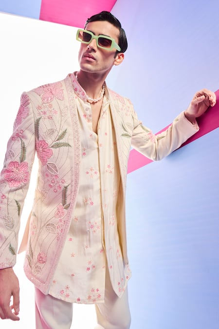Shop Kora By Nilesh Mitesh Cream Handloom Cotton, Silk Beads, Embroidery Floral Jacket And Kurta Set Online at Aza Fashions Shop_Kora By Nilesh Mitesh_Cream Handloom Cotton, Silk Beads, Embroidery Floral Jacket And Kurta Set_Online_at_Aza_Fashions