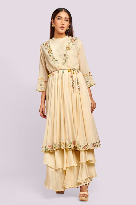 Blue Lotus Design_Ivory Cotton Embroidery V-neck Floral Border Anarkali _Online_at_Aza_Fashions