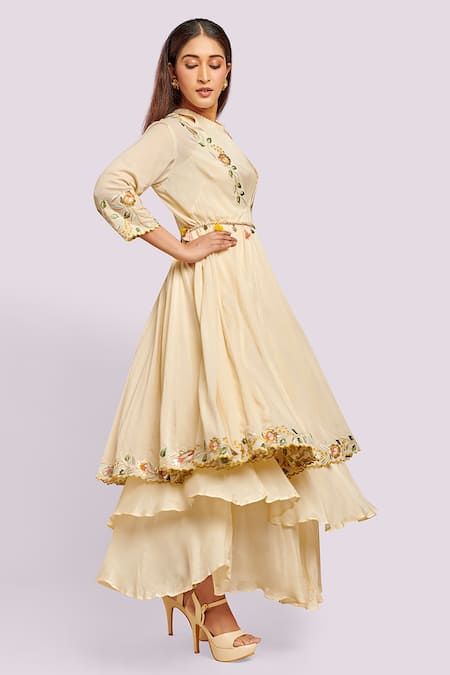 Buy_Blue Lotus Design_Ivory Cotton Embroidery V-neck Floral Border Anarkali _Online_at_Aza_Fashions