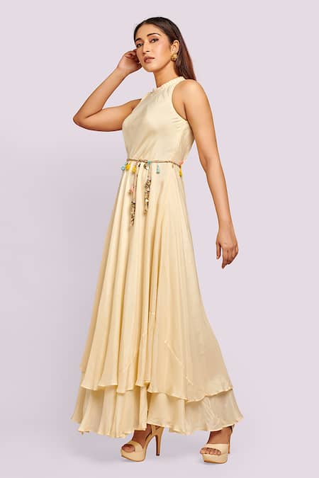 Shop_Blue Lotus Design_Ivory Cotton Embroidery V-neck Floral Border Anarkali _Online_at_Aza_Fashions