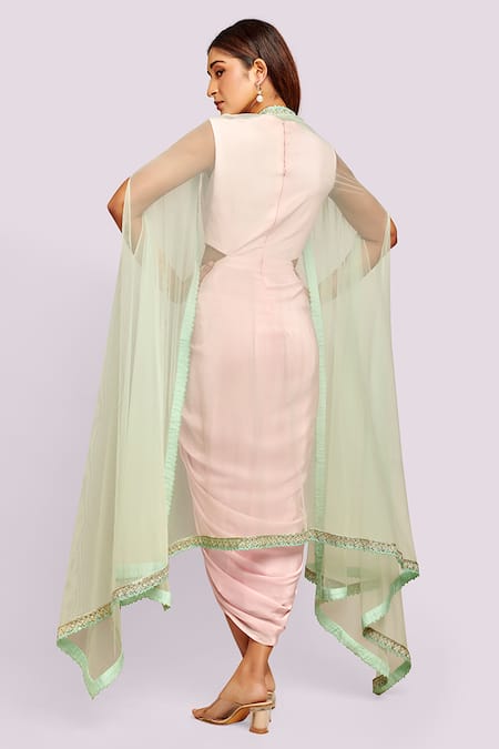 Shop Blue Lotus Design Pink Crepe, Net Sequins, Beads V-neck, Cut-out Draped Dress With Sheer Jacket at Aza Fashions Shop_Blue Lotus Design_Pink Crepe, Net Sequins, Beads V-neck, Cut-out Draped Dress With Sheer Jacket _at_Aza_Fashions