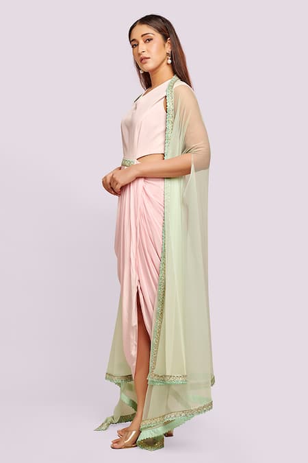 Blue Lotus Design Pink Crepe, Net Sequins, Beads V-neck, Cut-out Draped Dress With Sheer Jacket Online at Aza Fashions Blue Lotus Design_Pink Crepe, Net Sequins, Beads V-neck, Cut-out Draped Dress With Sheer Jacket _Online_at_Aza_Fashions