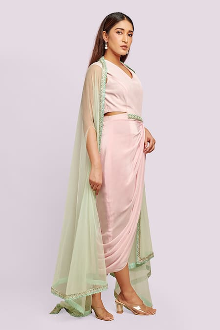 Buy Blue Lotus Design Pink Crepe, Net Sequins, Beads V-neck, Cut-out Draped Dress With Sheer Jacket Online at Aza Fashions Buy_Blue Lotus Design_Pink Crepe, Net Sequins, Beads V-neck, Cut-out Draped Dress With Sheer Jacket _Online_at_Aza_Fashions