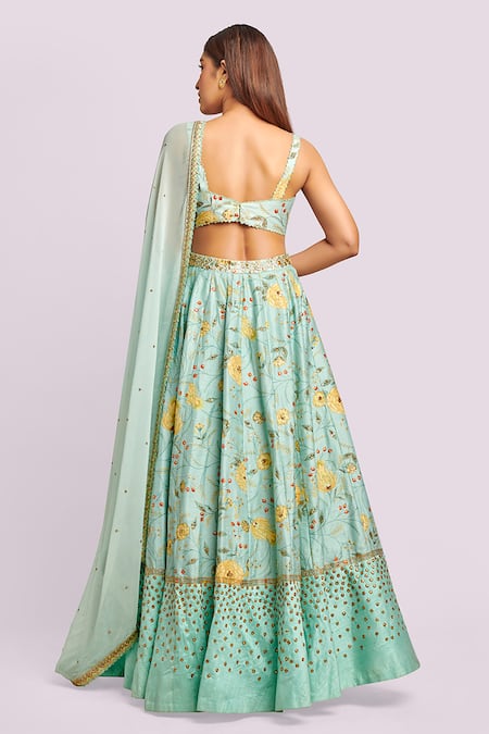Shop Blue Lotus Design Blue Cotton, Silk, Chiffon Sequins, Beads Sweetheart Floral Print Lehenga Set at Aza Fashions Shop_Blue Lotus Design_Blue Cotton, Silk, Chiffon Sequins, Beads Sweetheart Floral Print Lehenga Set _at_Aza_Fashions