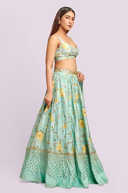 Blue Lotus Design Blue Cotton, Silk, Chiffon Sequins, Beads Sweetheart Floral Print Lehenga Set Online at Aza Fashions Blue Lotus Design_Blue Cotton, Silk, Chiffon Sequins, Beads Sweetheart Floral Print Lehenga Set _Online_at_Aza_Fashions