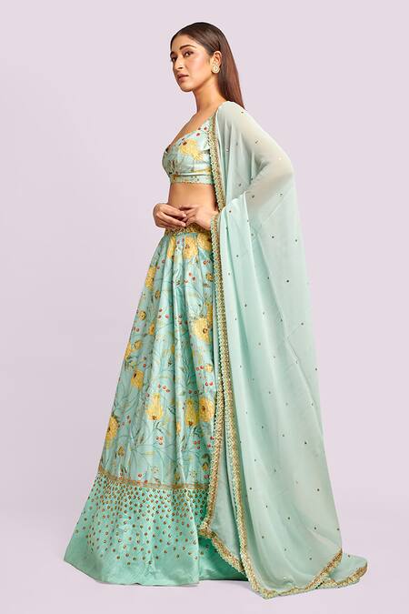 Buy Blue Lotus Design Blue Cotton, Silk, Chiffon Sequins, Beads Sweetheart Floral Print Lehenga Set Online at Aza Fashions Buy_Blue Lotus Design_Blue Cotton, Silk, Chiffon Sequins, Beads Sweetheart Floral Print Lehenga Set _Online_at_Aza_Fashions