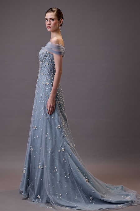 Cedar & Pine Gray Tulle Pearls, Sequins, Beads Off-shoulder Floral Embroidered Gown And Muff Online at Aza Fashions Cedar & Pine_Gray Tulle Pearls, Sequins, Beads Off-shoulder Floral Embroidered Gown And Muff _Online_at_Aza_Fashions