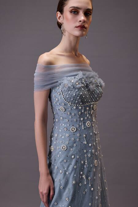 Buy Cedar & Pine Gray Tulle Pearls, Sequins, Beads Off-shoulder Floral Embroidered Gown And Muff Online at Aza Fashions Buy_Cedar & Pine_Gray Tulle Pearls, Sequins, Beads Off-shoulder Floral Embroidered Gown And Muff _Online_at_Aza_Fashions