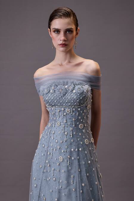 Shop Cedar & Pine Gray Tulle Pearls, Sequins, Beads Off-shoulder Floral Embroidered Gown And Muff Online at Aza Fashions Shop_Cedar & Pine_Gray Tulle Pearls, Sequins, Beads Off-shoulder Floral Embroidered Gown And Muff _Online_at_Aza_Fashions