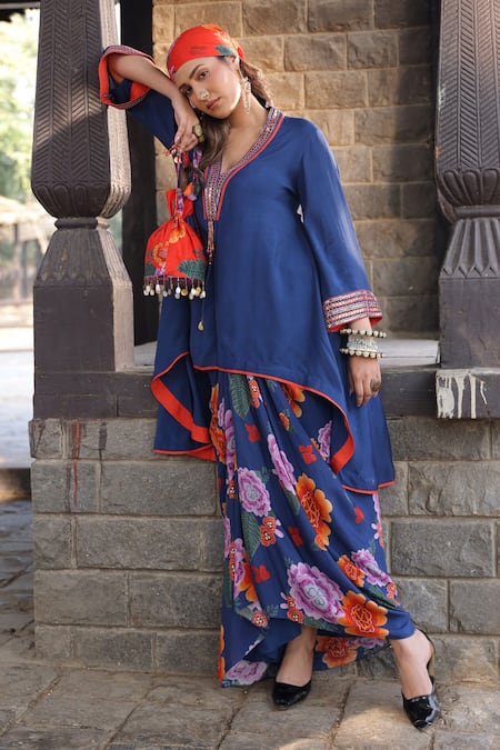 Kahani Lush Blue Cotton, Silk Beads, Embroidery Collared Floral Kurta And Dhoti Skirt Set Online at Aza Fashions Kahani Lush_Blue Cotton, Silk Beads, Embroidery Collared Floral Kurta And Dhoti Skirt Set _Online_at_Aza_Fashions