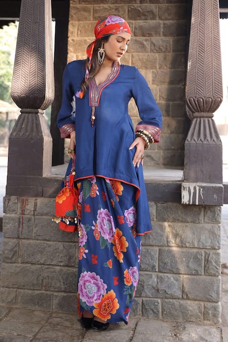 Buy Kahani Lush Blue Cotton, Silk Beads, Embroidery Collared Floral Kurta And Dhoti Skirt Set Online at Aza Fashions Buy_Kahani Lush_Blue Cotton, Silk Beads, Embroidery Collared Floral Kurta And Dhoti Skirt Set _Online_at_Aza_Fashions