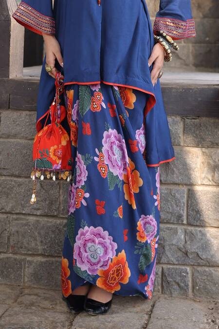 Shop Kahani Lush Blue Cotton, Silk Beads, Embroidery Collared Floral Kurta And Dhoti Skirt Set Online at Aza Fashions Shop_Kahani Lush_Blue Cotton, Silk Beads, Embroidery Collared Floral Kurta And Dhoti Skirt Set _Online_at_Aza_Fashions