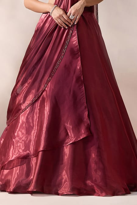 Shop_Chaashni By Maansi And Ketan_Maroon Organza Cut Work, Sequins, Pearls, Stones, Layered Panel Lehenga Saree _Online_at_Aza_Fashions