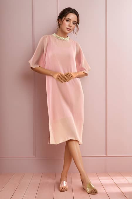 Samyukta Singhania Pink Neoprene Lycra Pleated Round Pearl Embellished Flared Sleeve Midi Dress 