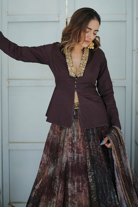 Koswi_Maroon Viscose Embroidery Shawl Neck Abstract Floral Peplum Blouse Lehenga Set _Online_at_Aza_Fashions