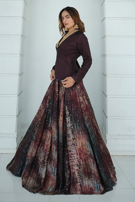 Buy_Koswi_Maroon Viscose Embroidery Shawl Neck Abstract Floral Peplum Blouse Lehenga Set _Online_at_Aza_Fashions
