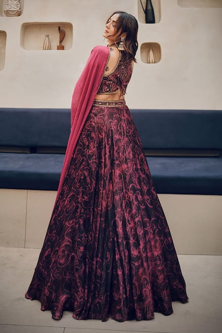 Shop_Koswi_Magenta Viscose Sequins, Embroidery Halter Neck Abstract Floral Lehenga Set _at_Aza_Fashions