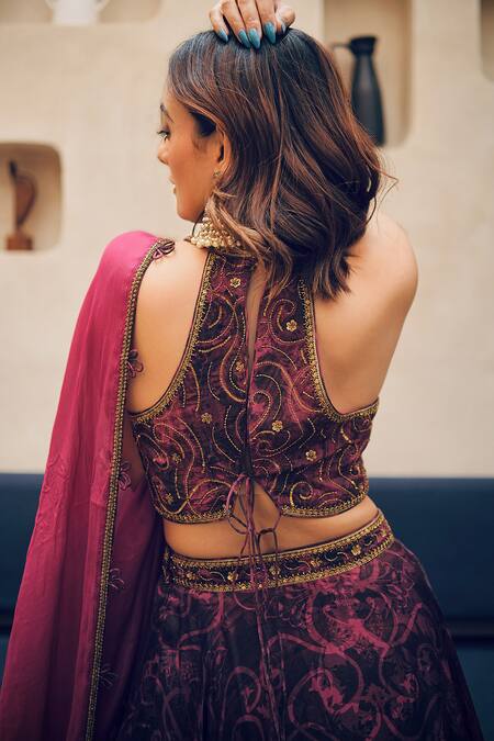 Koswi_Magenta Viscose Sequins, Embroidery Halter Neck Abstract Floral Lehenga Set _Online_at_Aza_Fashions