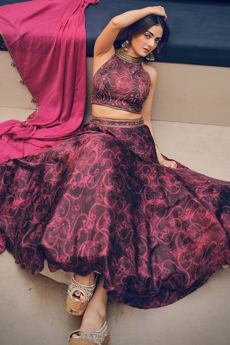 Buy_Koswi_Magenta Viscose Sequins, Embroidery Halter Neck Abstract Floral Lehenga Set _Online_at_Aza_Fashions