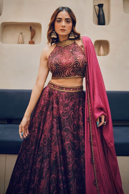 Shop_Koswi_Magenta Viscose Sequins, Embroidery Halter Neck Abstract Floral Lehenga Set _Online_at_Aza_Fashions